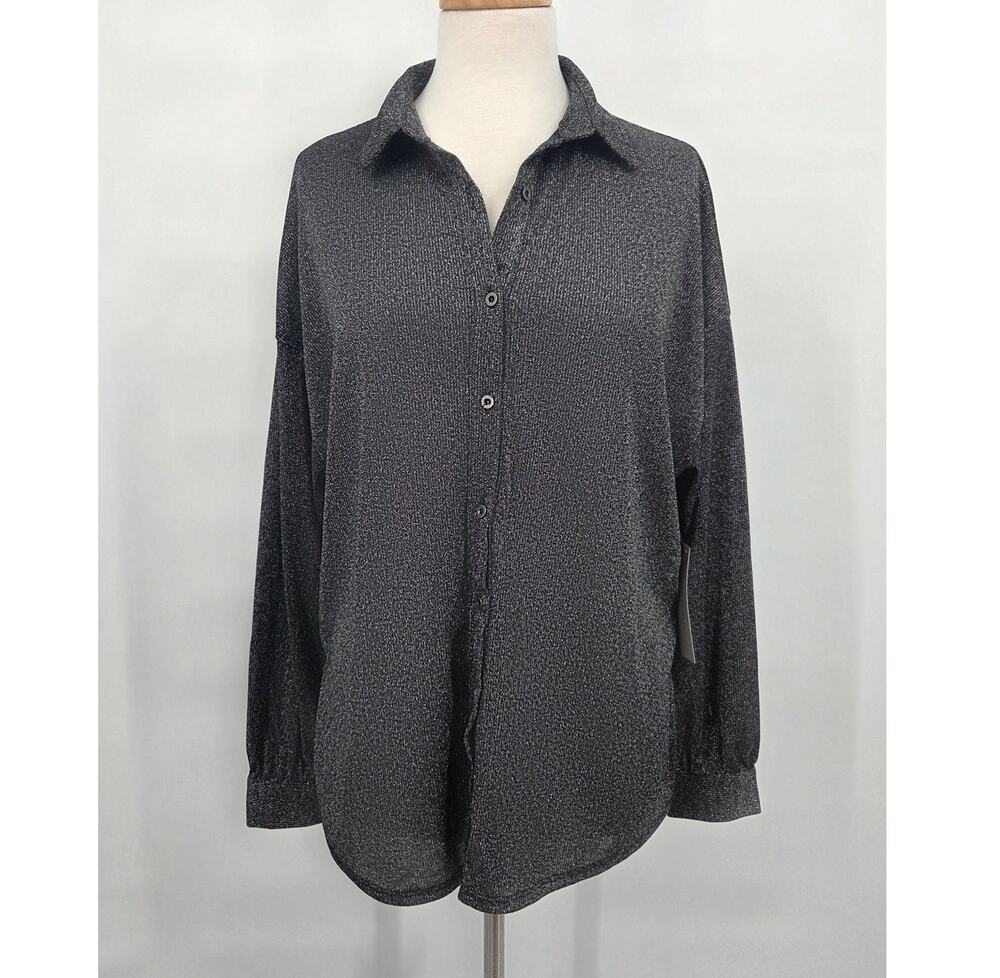 NEW Timing Boutique Black Metallic Lurex Button Down Shirt Size Large